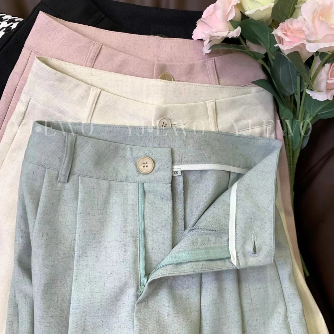 （周周小个子）极简通勤百搭亚麻高腰西装裤-9613