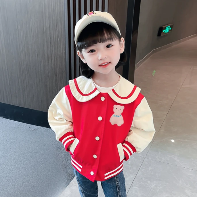 女童外套海军领棒球服新款女宝秋装甜美可爱夹克洋气卡通小熊儿童