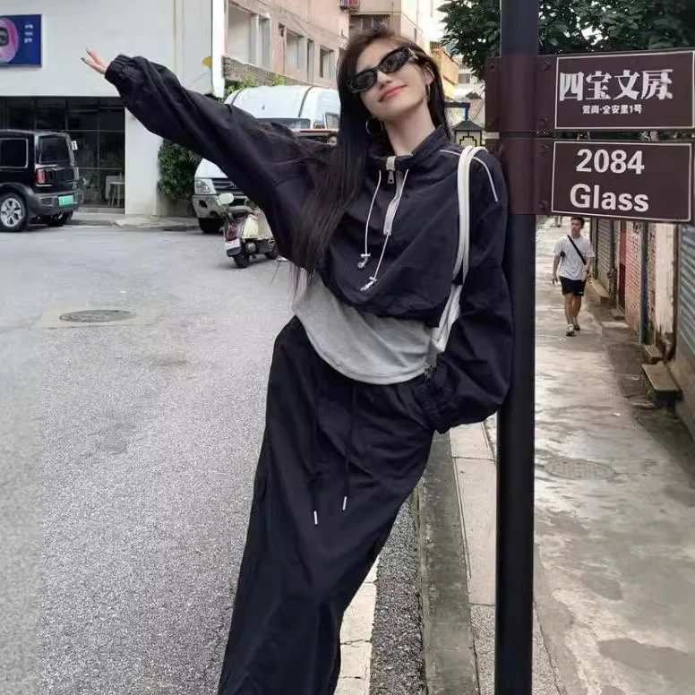 韩系休闲假两件抽绳网红外套长款开叉工装半身裙女洋气黑色显瘦潮