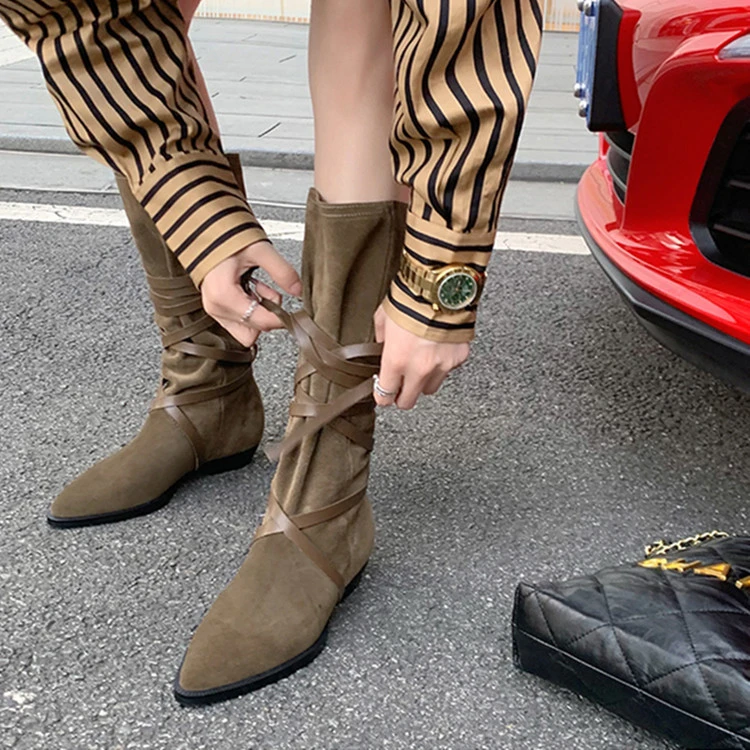 高筒百搭厂家西部牛仔靴子长靴绑带真皮过膝靴中跟增高长女秋新款