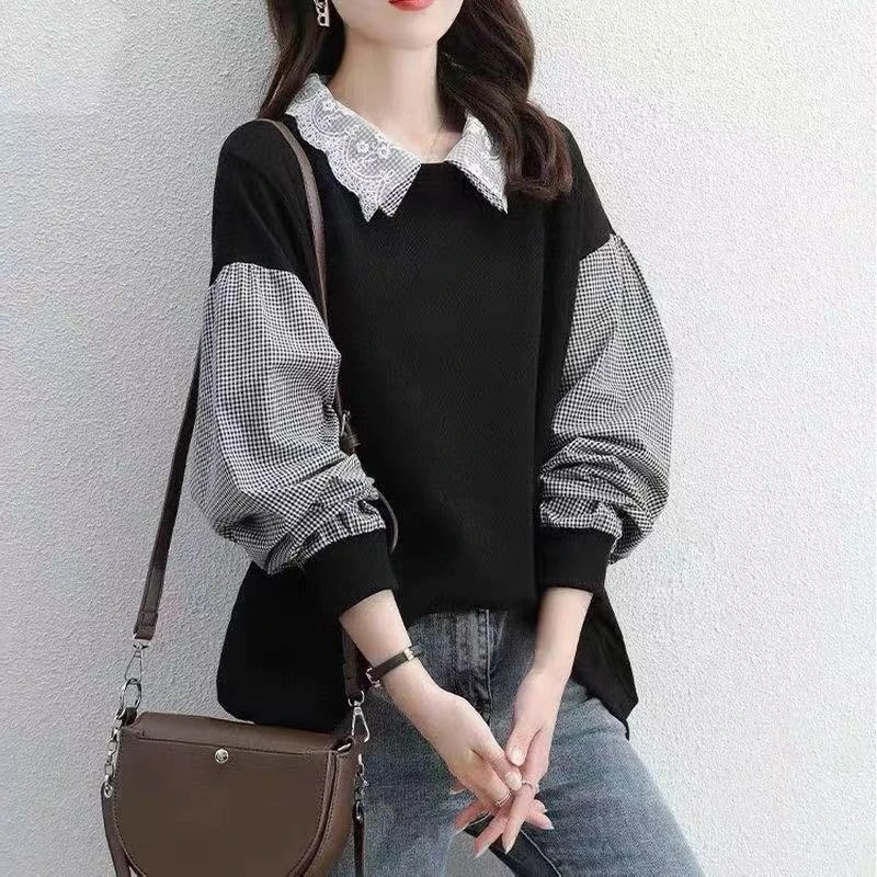 2023新款女士卫衣潮棉质假两件薄款娃娃领洋气显瘦宽松卫衣上衣潮