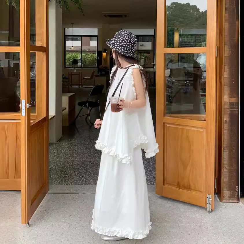 不规则木耳边别致无袖衬衫洋气减龄高腰半身裙女气质新款白色套装