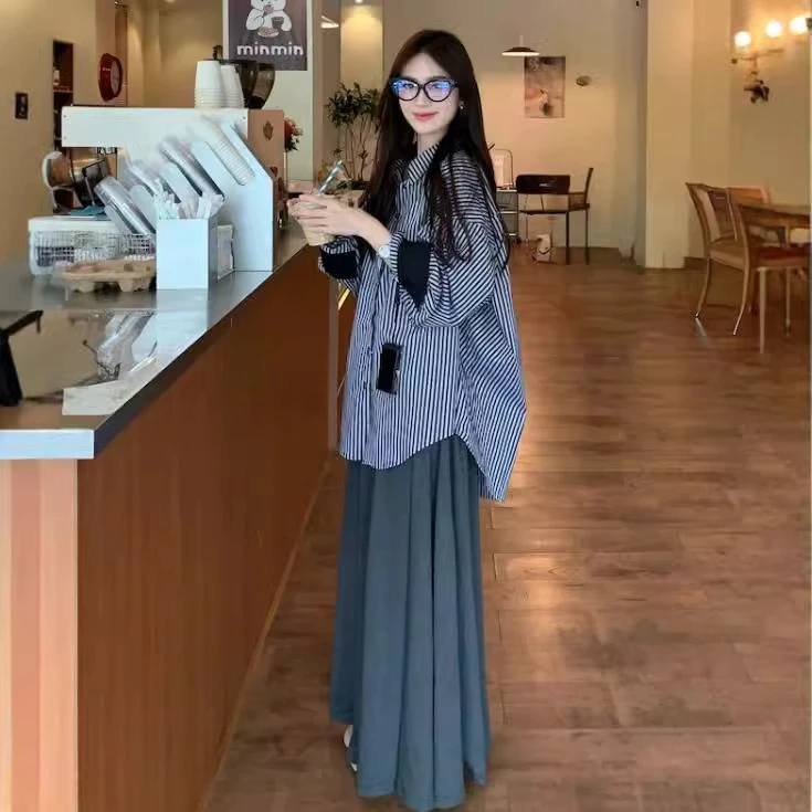 松驰感穿搭气质撞色衬衣衬衫高腰A字半身长裙女早秋新款时尚套装