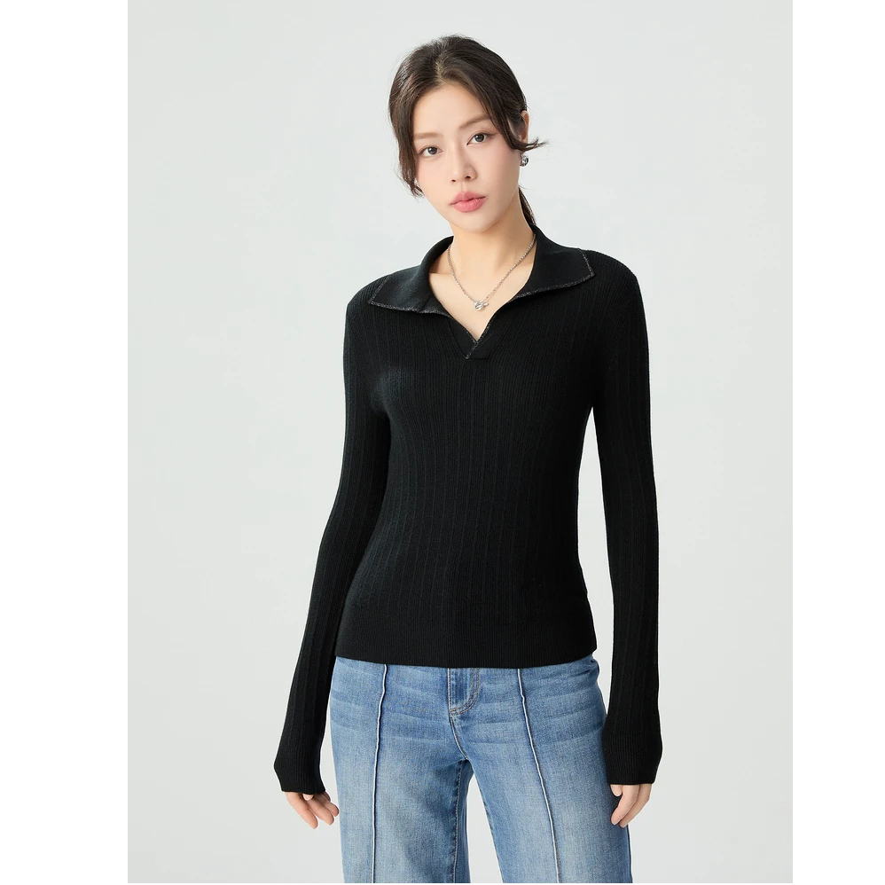 哥弟秋冬短款时尚简约百搭黑色修身翻领套头长袖针织衫1399741