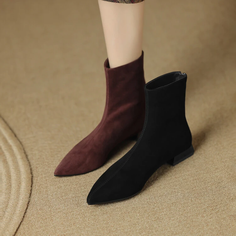 法式时尚小短靴女2025秋冬新款复古磨砂显瘦女靴子尖头平底瘦瘦靴