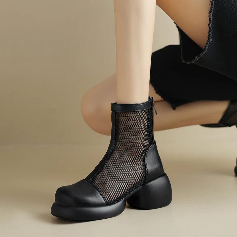 薄款网纱马丁靴女粗跟透气网纱镂空大码短靴夏季新款厚底高跟凉靴