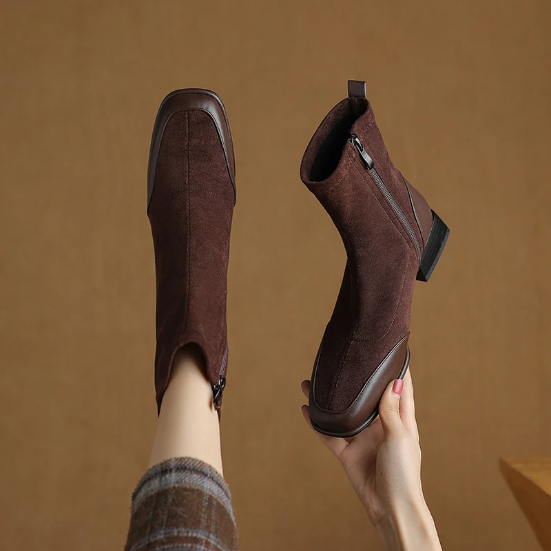 大码低跟短靴女41一43百搭方头粗跟2025春秋女靴弹力绒面瘦瘦靴