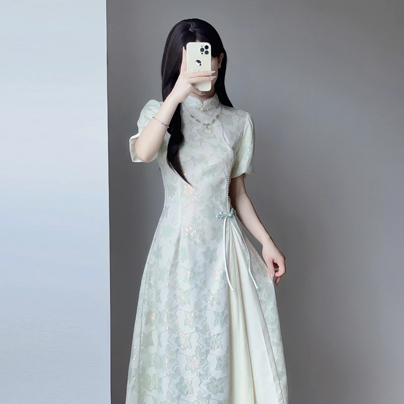 汀玥苓旗袍2025新款改良少女年轻款连衣裙日常新中式奥黛夏季绿色