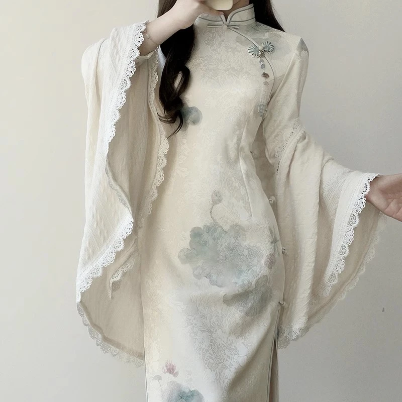 汀玥苓旗袍2025新款年轻款少女优雅春夏改良新中式连衣裙国风披肩