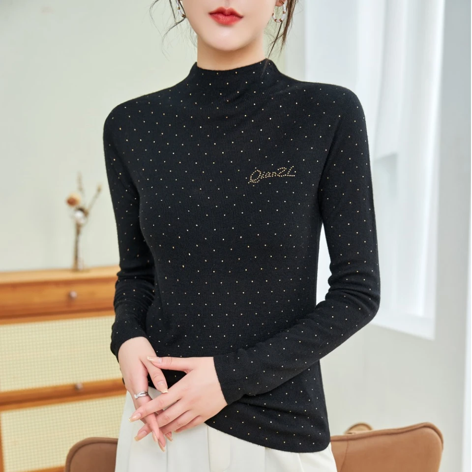 新款重工烫钻套头针织打底衫秋冬季修身显瘦羊毛衫舒适长袖毛衣女