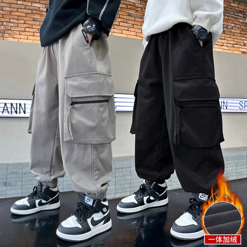 男童加绒工装裤新款秋冬男孩长裤中大童儿童一体绒休闲运动裤春秋