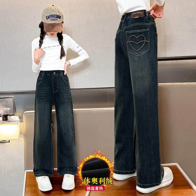 女童加绒牛仔裤秋冬季中大童加厚裤子12-15岁儿童长裤一体绒洋气