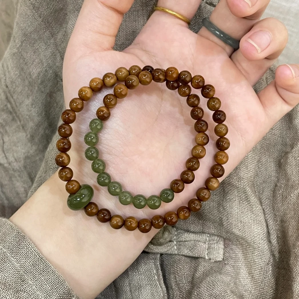 【青山黛】精品库克菩提双圈手串 老料圆珠配绿禾田+跑环女文玩手串