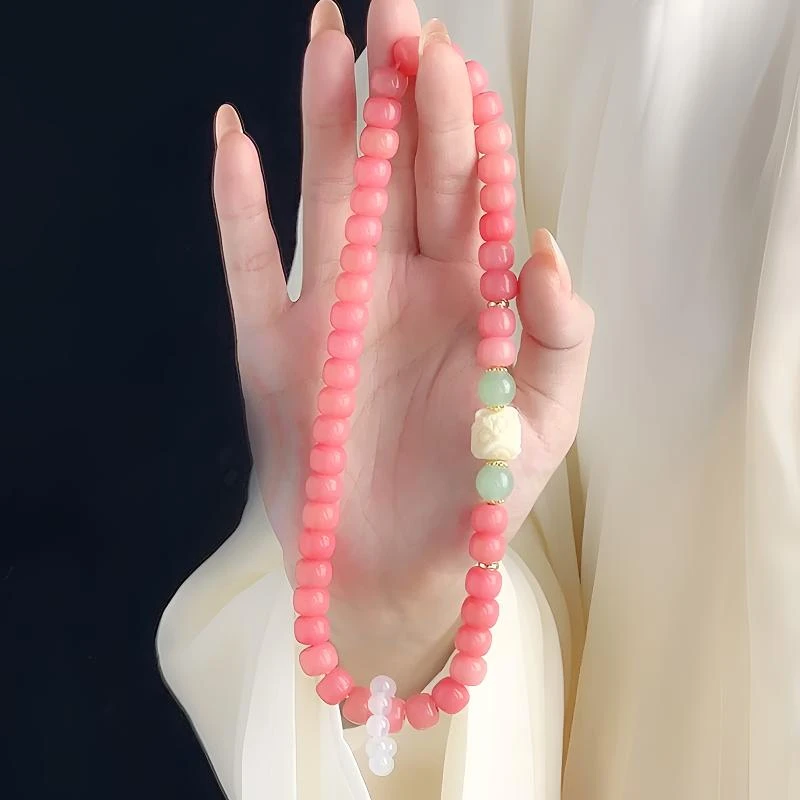 （粉黛佳人）粉玉菩提根 双圈手持手串跑环款 8x10mm【盘玩袋】