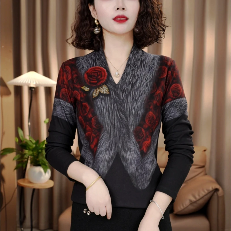 新款玫瑰红高端印花女显瘦显白百搭减龄气质时尚套头上衣