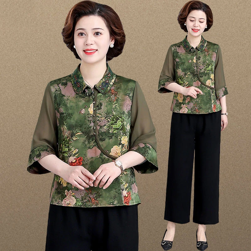 妈妈气质雪纺衫中国风唐装女新款洋气中老年人女夏装套装50岁60