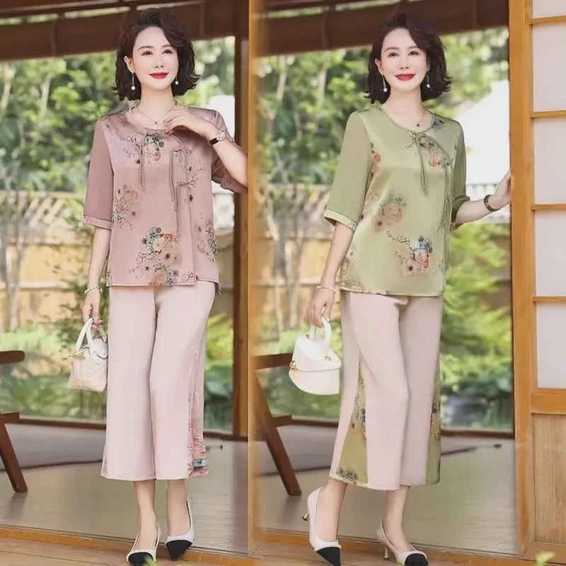 妈妈夏装短袖洋气套装中老年女夏季上衣宽松新中式两件套遮肚T恤