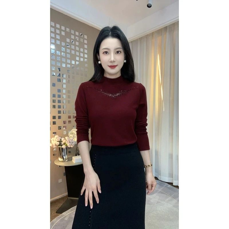 秋季新款半高领纯色镂空提花烫钻精品洋气时尚减龄显瘦长袖小衫