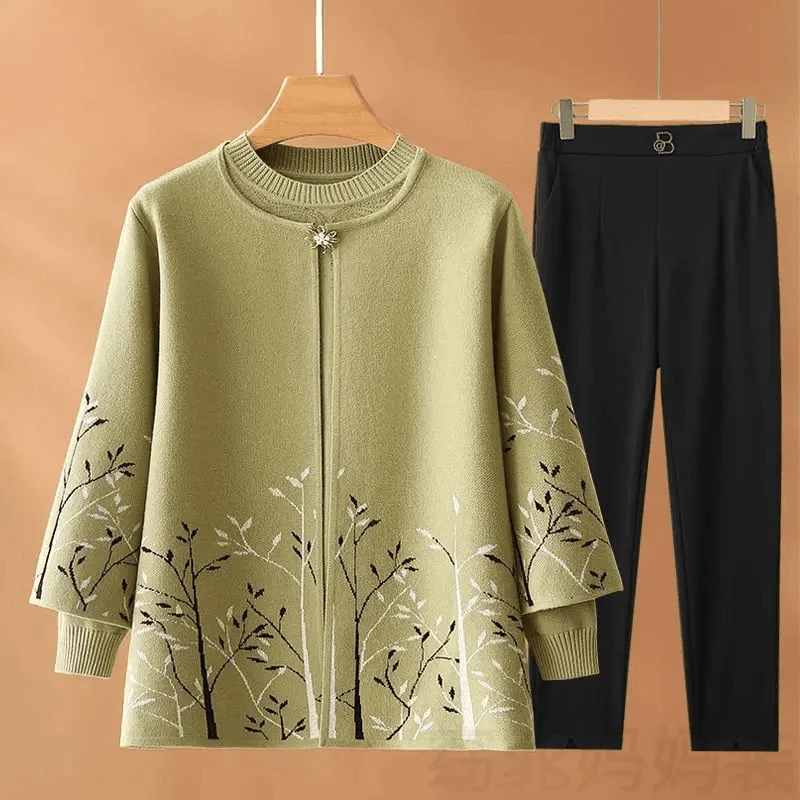 妈妈秋装洋气时尚针织衫长袖外套中年女春秋内搭上衣高两件套装