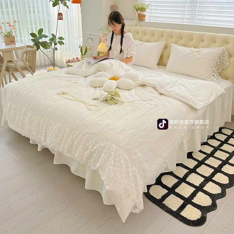 唯美公主风仙女风超大蕾丝花边纯色女神全棉床裙款四件套纯棉床品