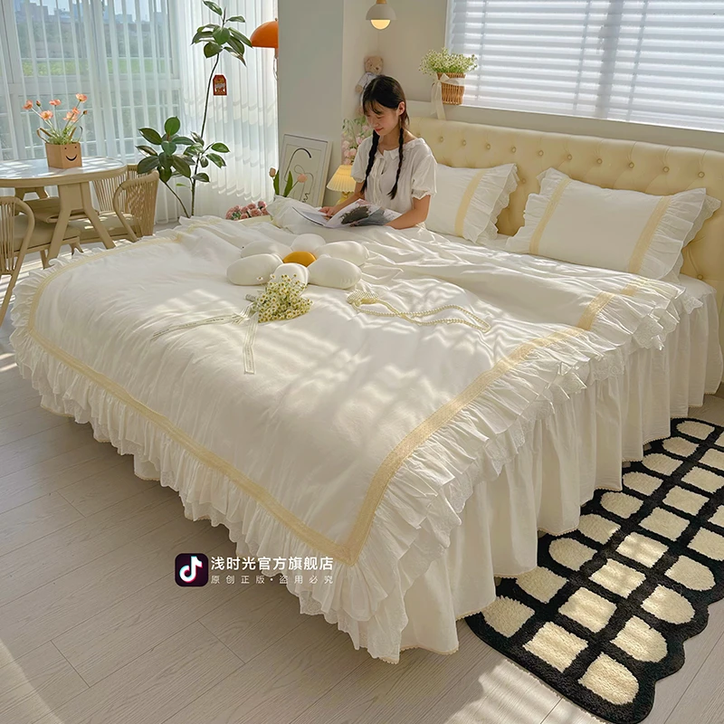 2025新品超软糯韩式公主风纯棉镂空花边高温砂洗全棉床裙款四件套