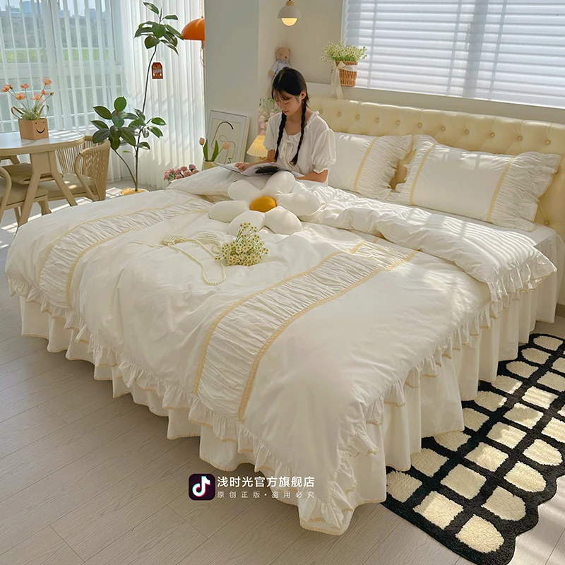 2025四季纯棉工艺韩式公主风花边泡泡袖女神同款全棉床裙款四件套