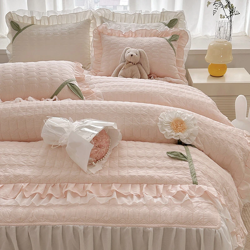 【被套床裙双夹棉】2025春夏新品双层纱花边款夹棉床裙款全棉四件套