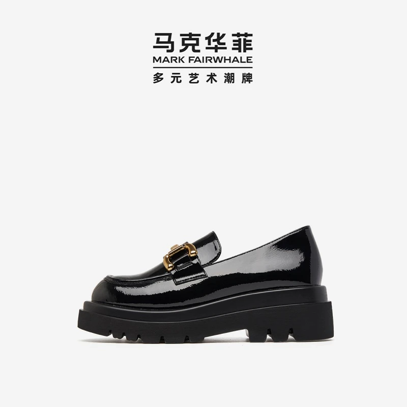 马克华菲女春季新款厚底气质单鞋英伦风复古乐福鞋马衔扣增高女鞋
