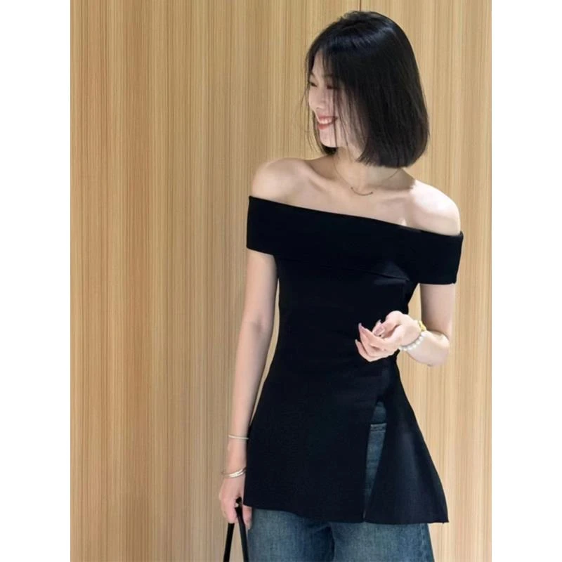 黑色抹胸一字肩气质针织衫女夏季独特别致修身开叉露肩甜辣小上衣