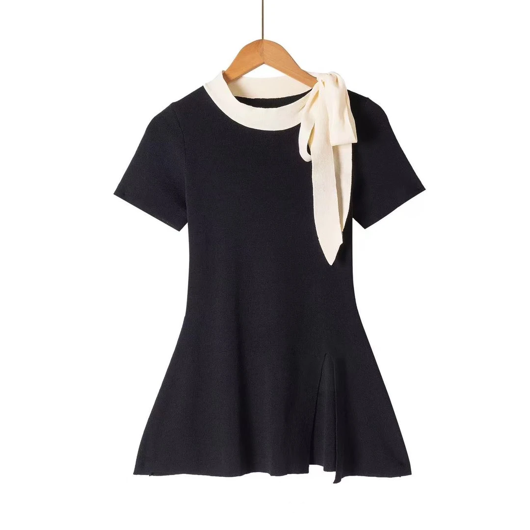 法式蝴蝶结绑带气质百搭上衣女2025年夏季新款正肩短袖针织高级感