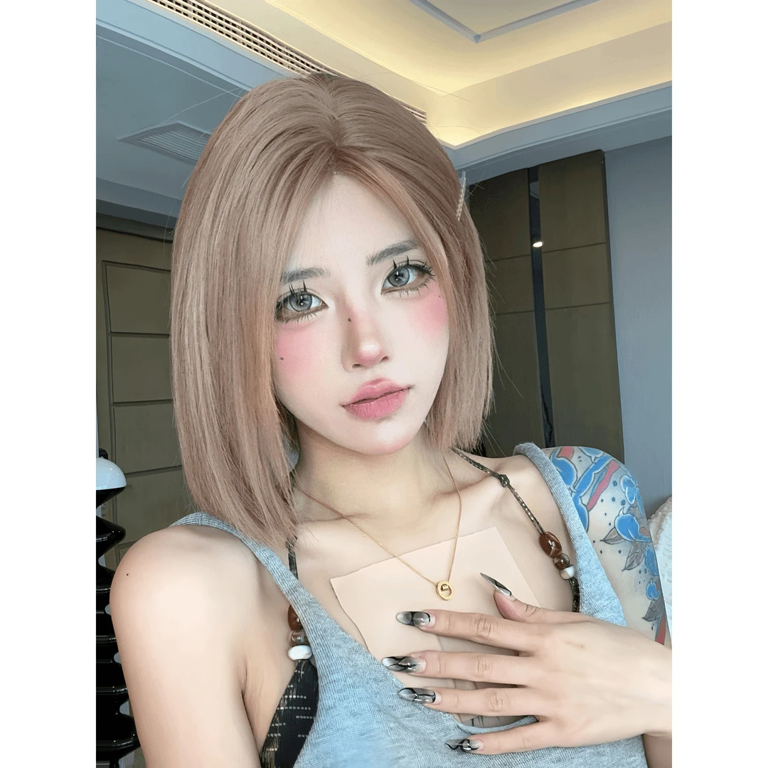 小额蕾丝假发女一刀切分粉棕色短发奶茶色自然时尚cos潮色全头套