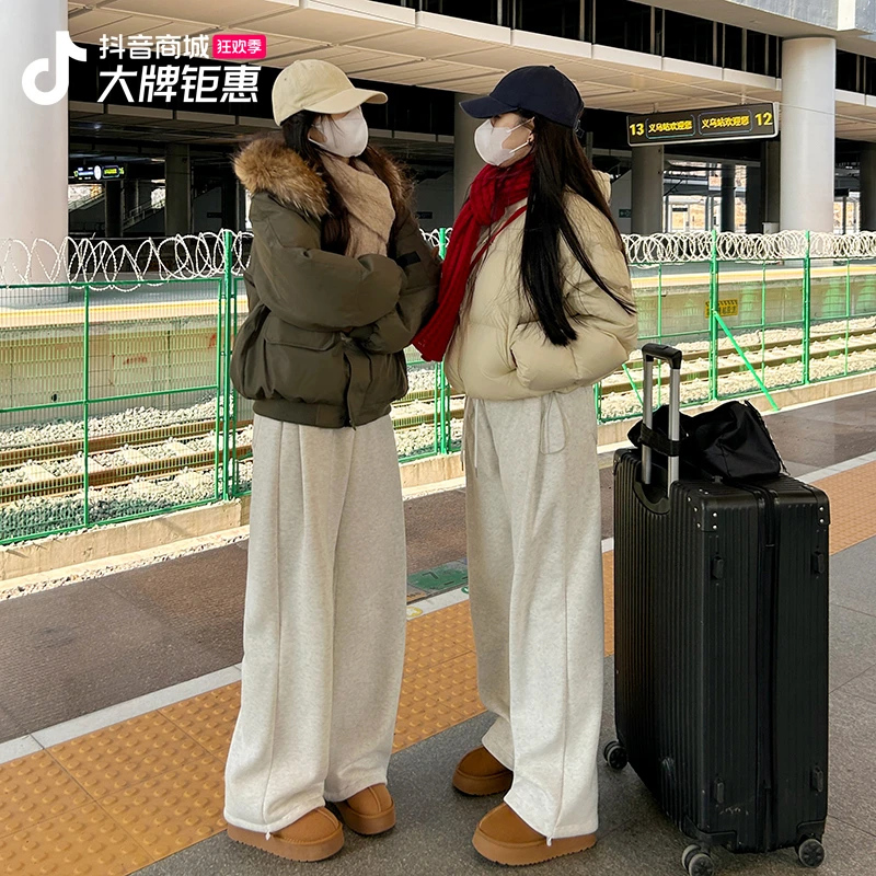 针距冬季加绒卫裤女欧美风辣妹阔腿裤秋冬加绒显瘦宽松运动裤