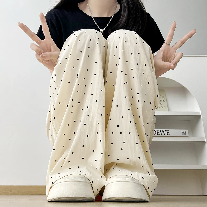 针距波点垂感山本裤女2024夏季薄款松紧腰阔腿裤休闲直筒裤拖地裤