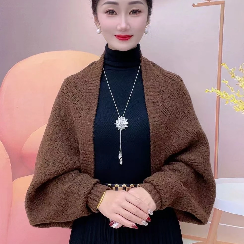 新款时尚百搭秋冬羊毛针织麦穗袖子披肩休闲高品质