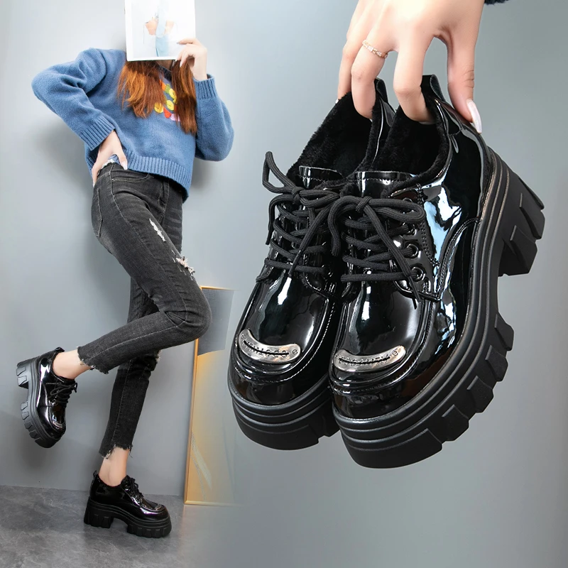 黑色加绒小皮鞋女2023年新款厚底小个子增高女鞋学院风休闲乐福鞋