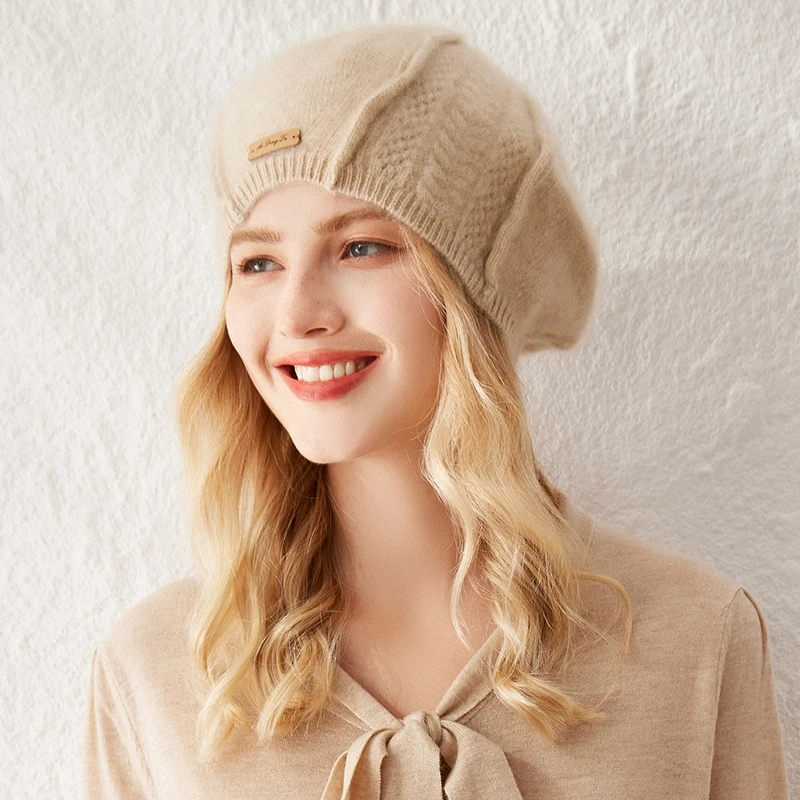 高奢100%纯羊绒针织贝雷帽纯色百搭画家帽包头护耳八角帽街头洋气