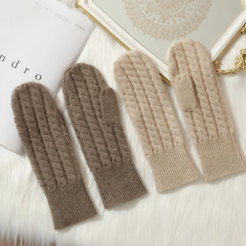 高奢100%纯羊绒针织手套女士时尚绞花保暖护腕手套纯色百搭