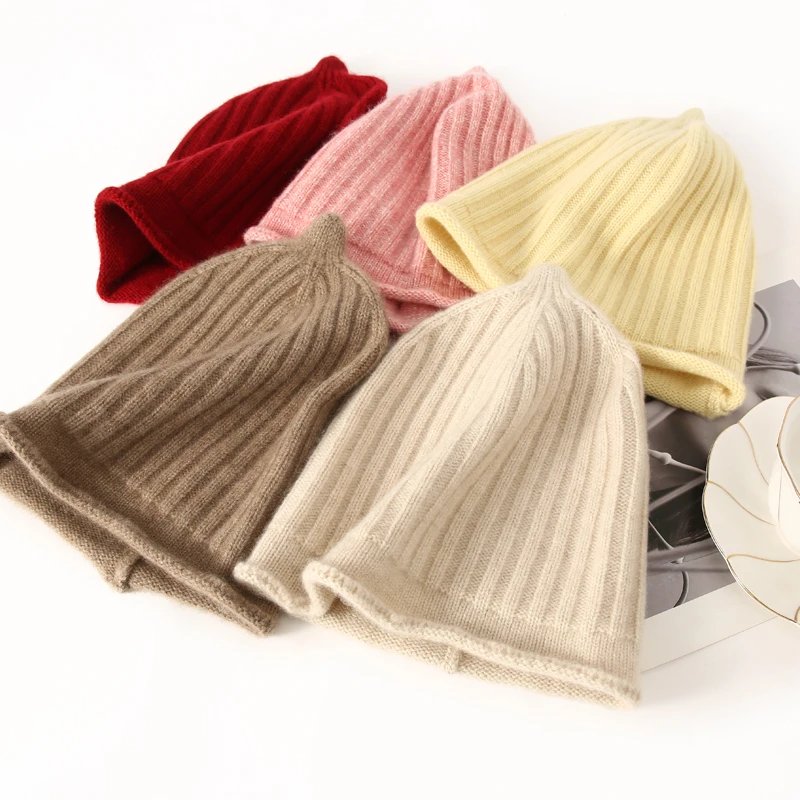 100%纯羊绒儿童帽男女宝宝婴幼儿羊绒帽抽条翻边包头帽保暖护耳帽