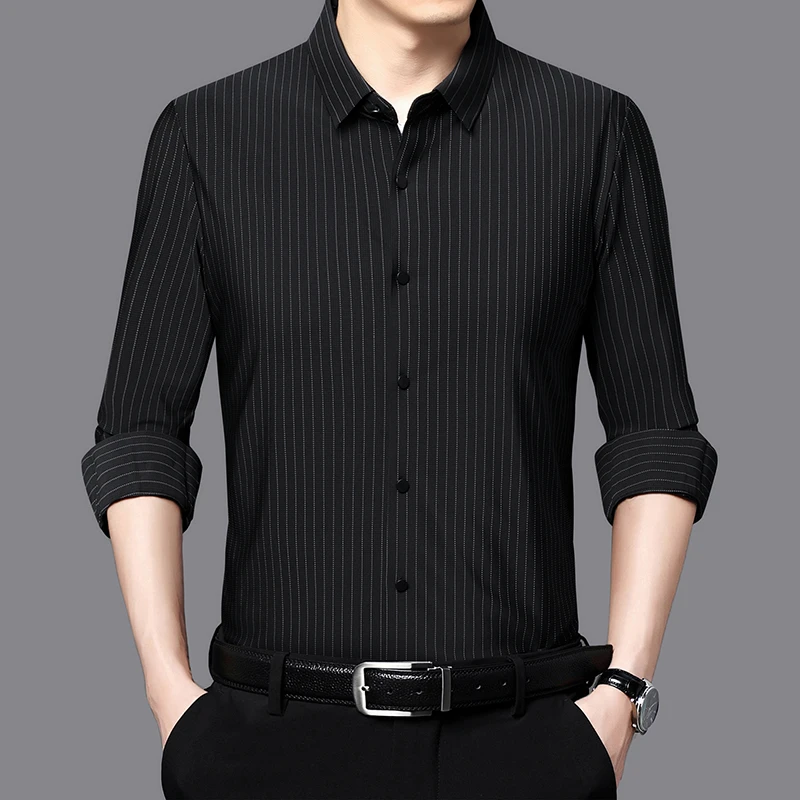 男士无痕衬衫条纹中年衬衫男装衬衣春秋薄款商务修身长袖休闲宽松