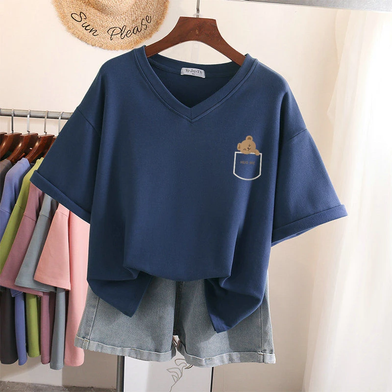 美式复古短袖T恤女2024夏季宽松oversize潮牌棉质半袖体恤V领上衣