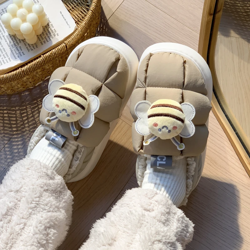 方块羽绒布加绒棉鞋2023冬天保暖女款软底居家新款加厚包跟棉拖鞋