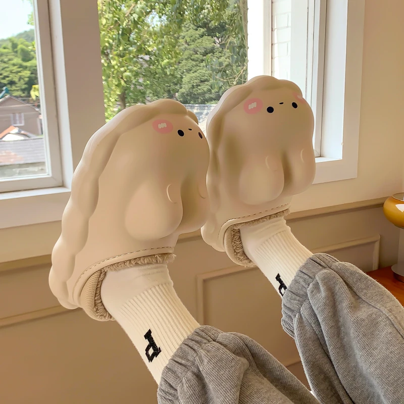 冬季情侣可爱保暖卡通兔子踩屎感棉拖鞋少包头女居家厚底棉鞋毛拖