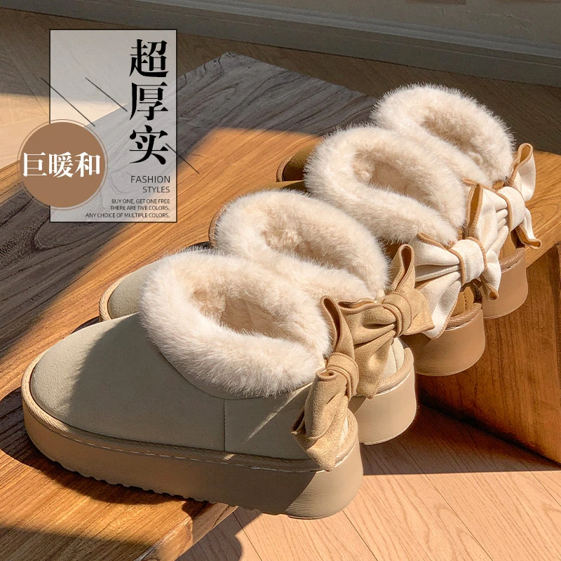 加厚加绒软底秋冬季新款居家棉鞋休闲百搭蝴蝶结后跟舒适外穿棉鞋