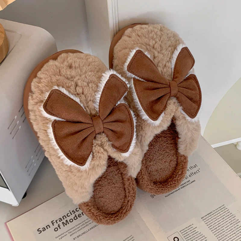 居家韩版设计高颜值女款超暖和超舒适防滑厚底棉拖鞋大蝴蝶结情侣