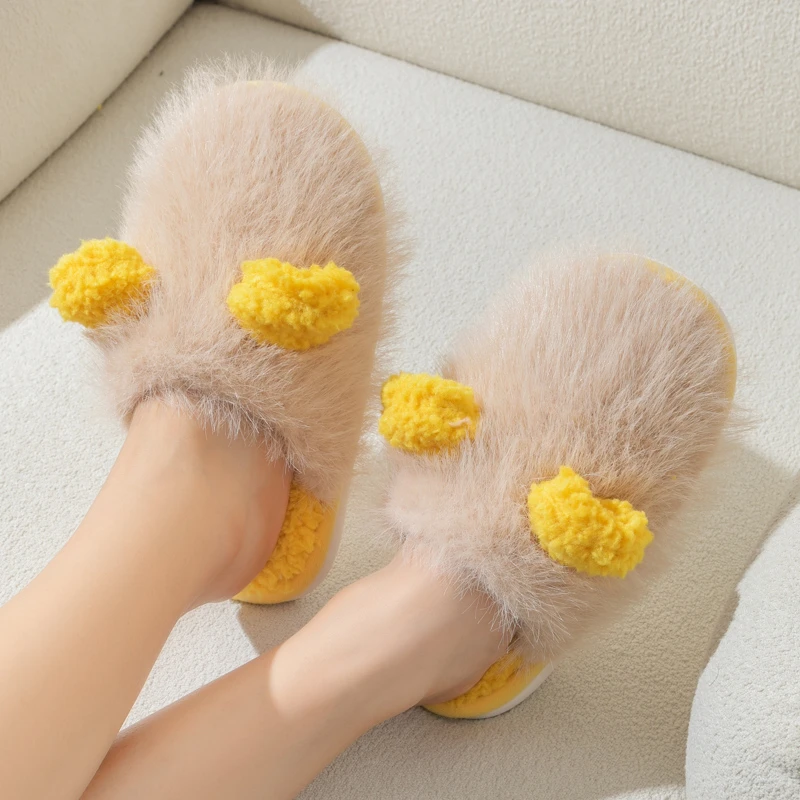 长毛耳朵款棉厚底防滑毛绒秋冬季加绒卡通款拖鞋保暖情侣软底居家