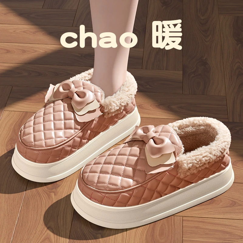 明盛2022新款冬季棉鞋通用厚底包头居家保暖蝴蝶结可爱棉拖鞋防水