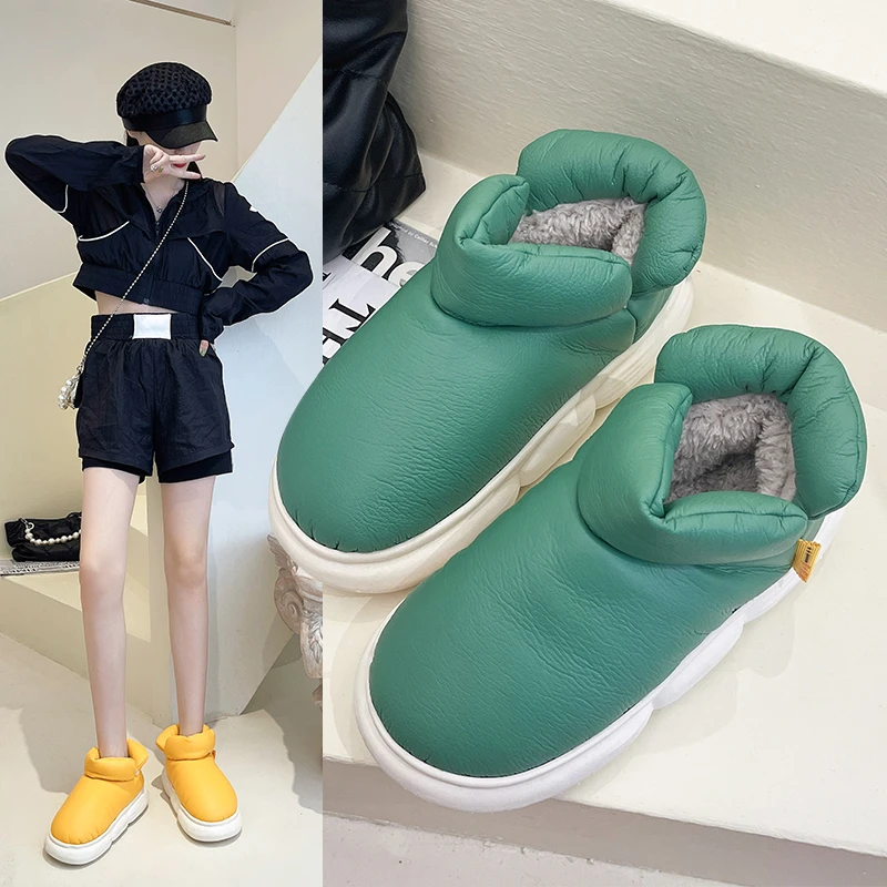 PU皮棉鞋全包跟舒适秋冬保暖加绒防水厚底外穿踩屎感情侣雪地靴