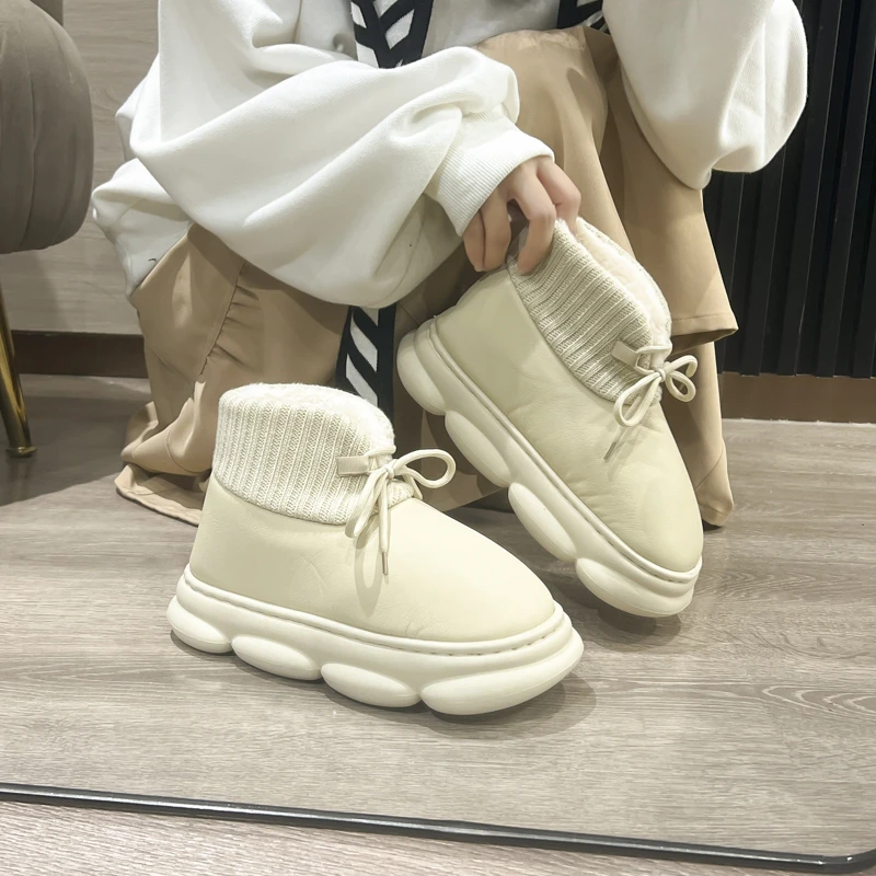 冬季棉靴女款绑带软底毛绒居家厚底外穿时尚防滑保暖加绒新款棉鞋