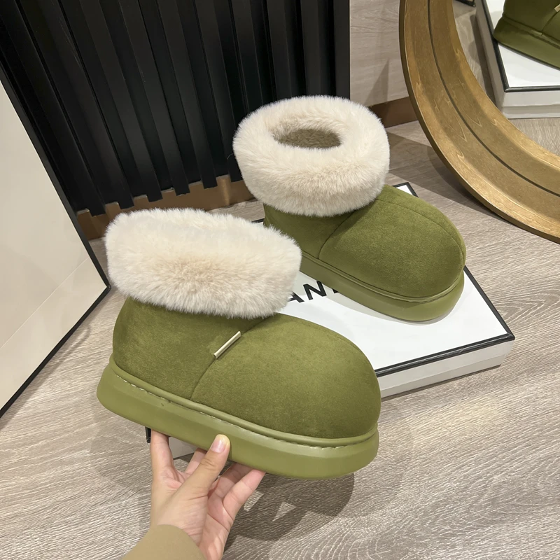 皮毛一体防水防滑加绒短筒雪地靴女款冬天厚底棉鞋包跟外穿雪地鞋