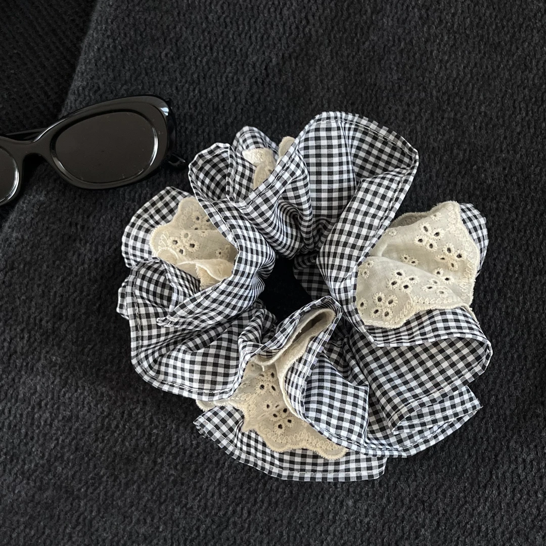 芒果优选—夹心饼干格子雷斯拼接荷花边发绳发圈发饰